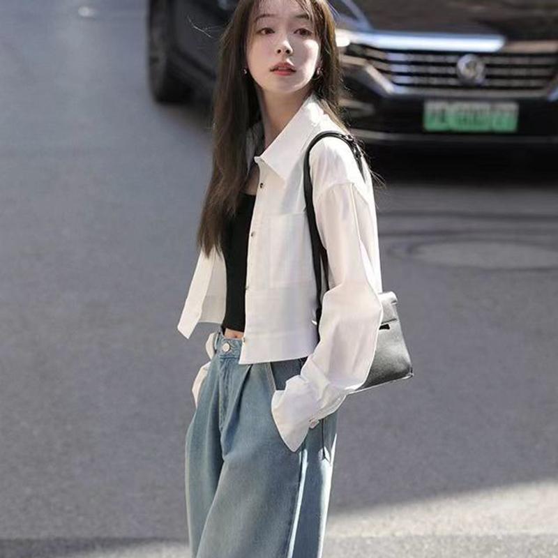 Women White Cropped Shirts Streetwear Female Long Sleeve Coats Casual Button Tops