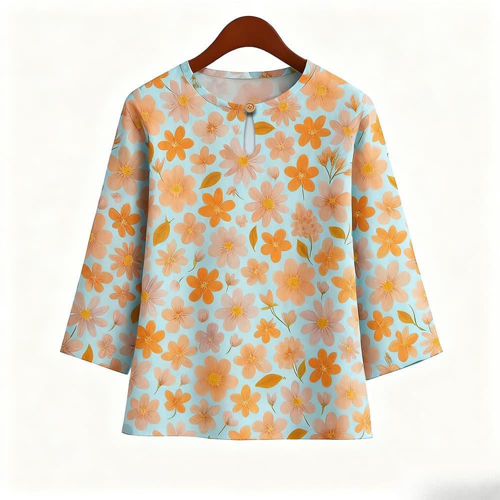 

Casual Blouse, Vintage Style, For Women, Floral Print, O Neck, Three Tribal Sleeves, Elegant Loose Top, Made of Elastic Hem 5XL чёрный