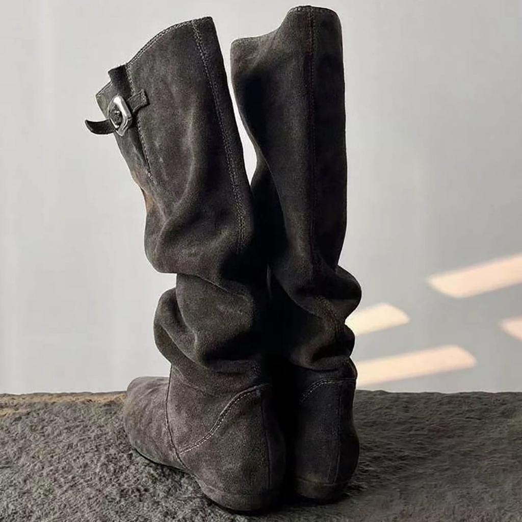 Sheepskin version~ Pile boots belt buckle skinny boots pointed low heel retro western cowboy boots female knight boots