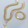 Men's Double Layer Cross Pendant Necklace for Men Gold Color Stainless Steel Cuban Link Chain Necklaces Bracelets Jewelry Set