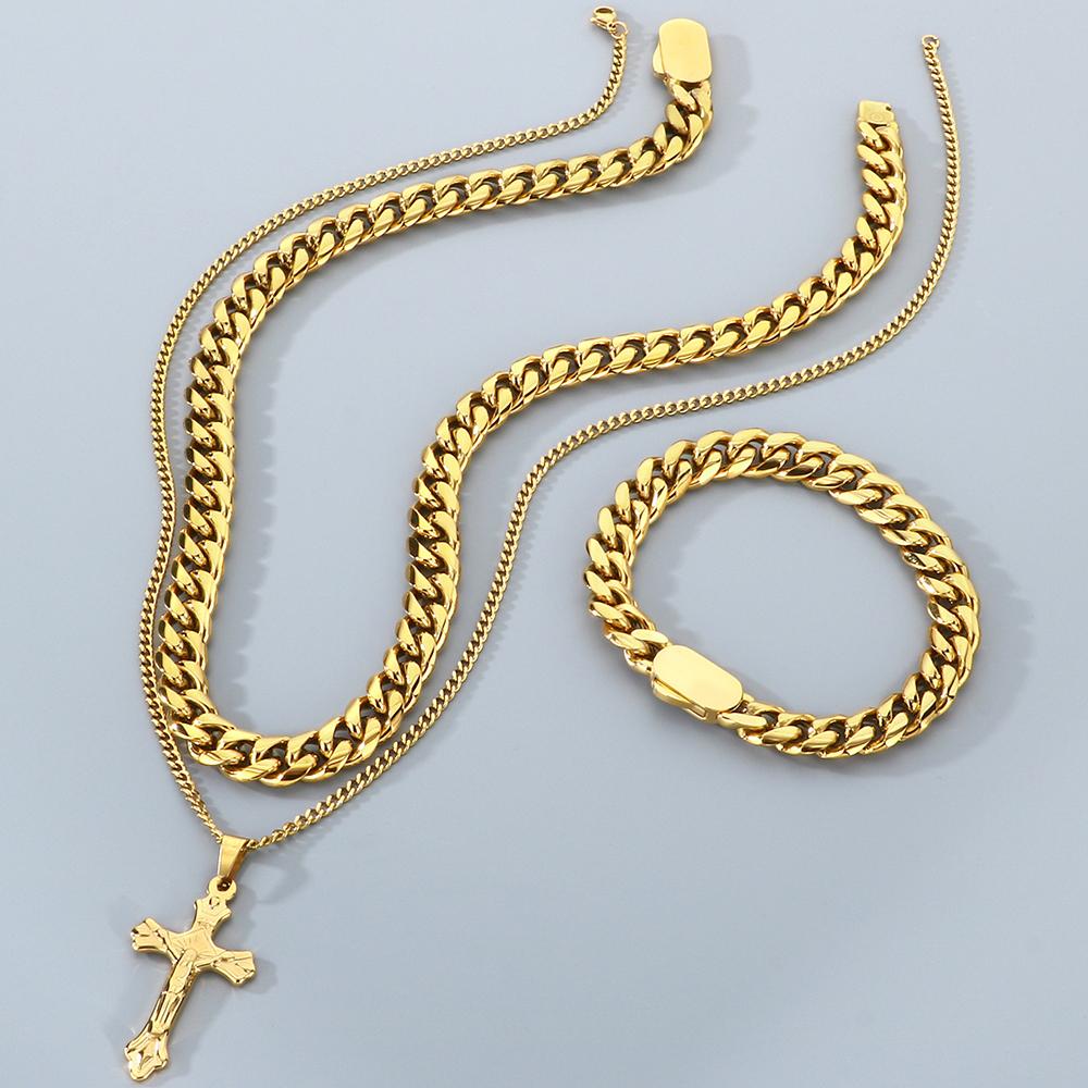 Men's Double Layer Cross Pendant Necklace for Men Gold Color Stainless Steel Cuban Link Chain Necklaces Bracelets Jewelry Set