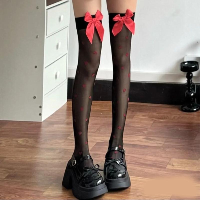 Women Bowknots Heart Thigh High Stockings Over the Knee Socks Sheer Nylon Stockings Valentine's Day Gifts