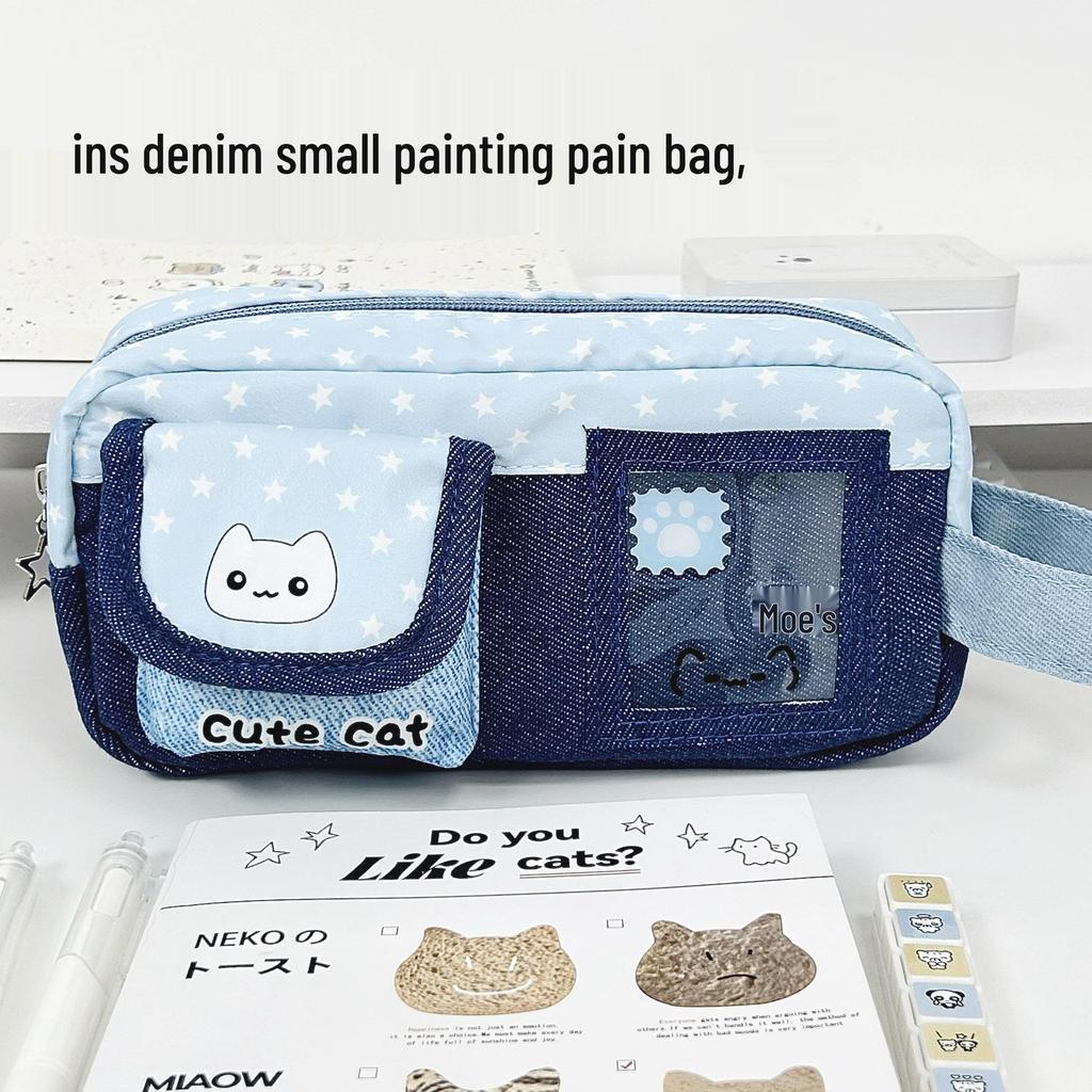 Large Capacity Powder Blue Denim Cat Pencil Case for Middle School, Cute Cartoon Stationery Box with High Appearance Value