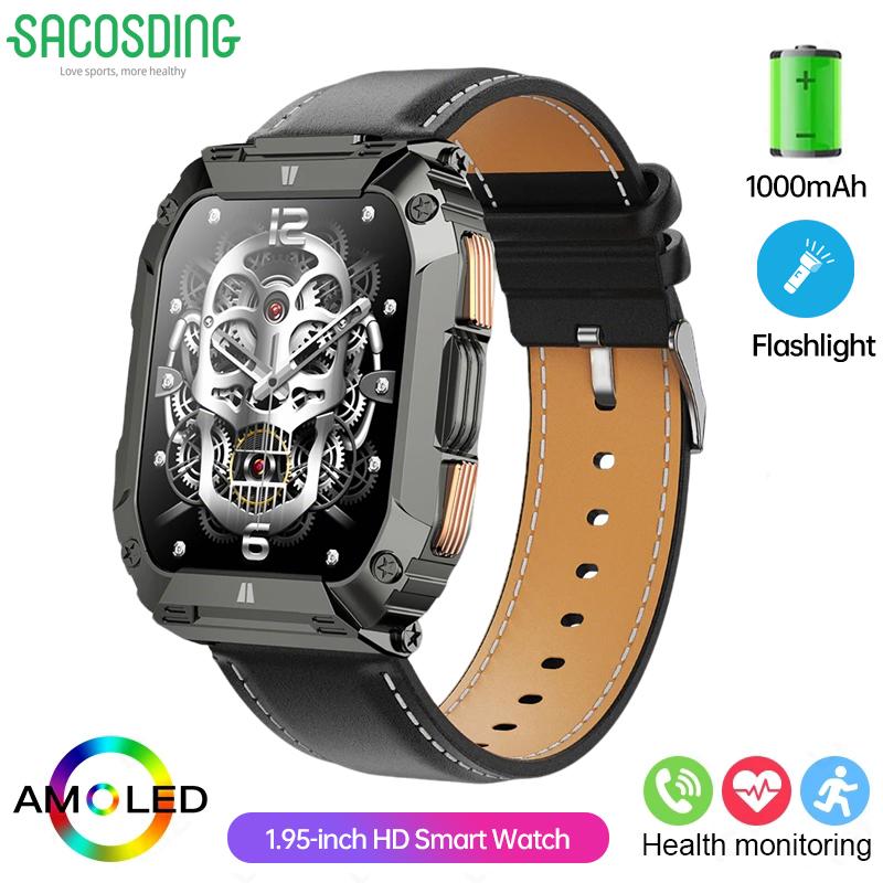 Nové hodinky s ultra dlouhou výdrží 1000 mAh 1,95" AMOLED displej BT volání Chytré hodinky Muži Venkovní Svítilna Sportovní Fitness náramek Muži
