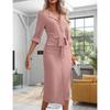 Womens Solid Color Lapel Waist-Cinched Elegant Office Dress With Side Slit Long Sleeve 2026