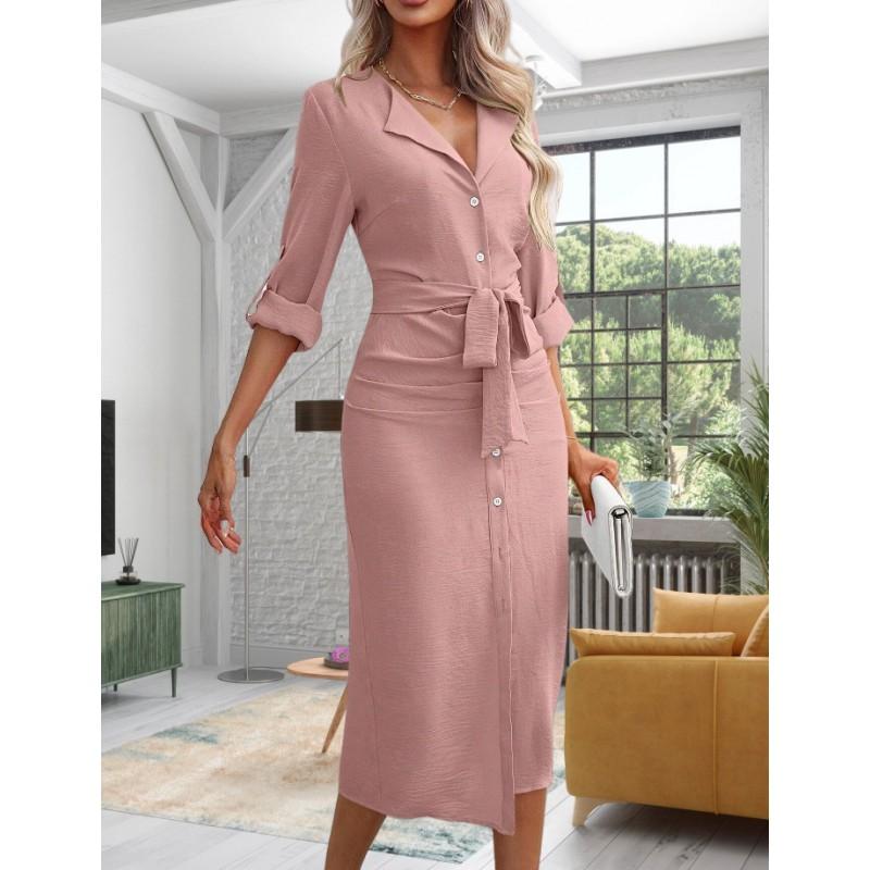 Womens Solid Color Lapel Waist-Cinched Elegant Office Dress With Side Slit Long Sleeve 2026