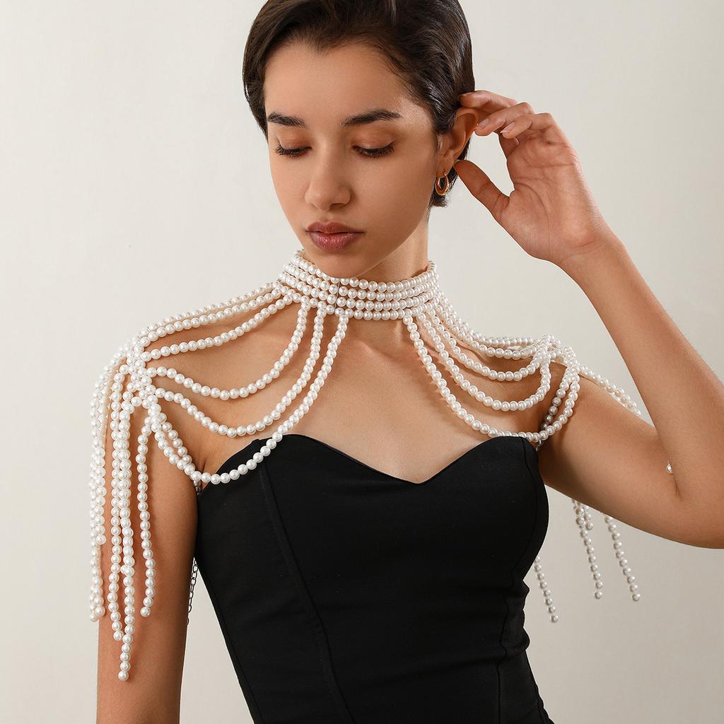 Accessories Fashion Temperament Multi-layer Imitation Pearl Tassel Shoulder Chain Dress with Clothing Body Chain Chest Chain
