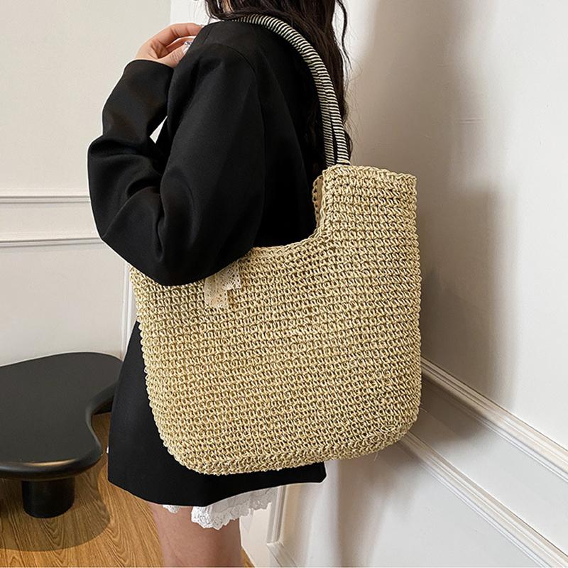 Yogodlns Woven Beach Bag Vintage Handmade Woven Shoulder Bag Raffia Rattan Bags Bohemian Ladies Summer Travel Vacation Casual Tote Bag
