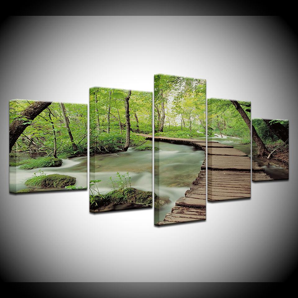 5 Panel HD Print Green Forest Wood Bridge Wall Posters Print On Canvas Art Painting For Home Living Room Decoration