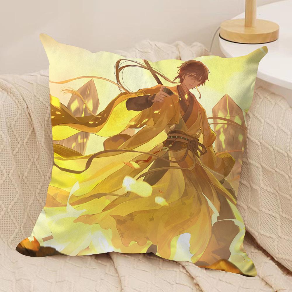 Zhongli Genshin Impact Cushion Cover Silky Short Plush Invisible Zipper Dustproof Sofa Pillow Case For Home Decor