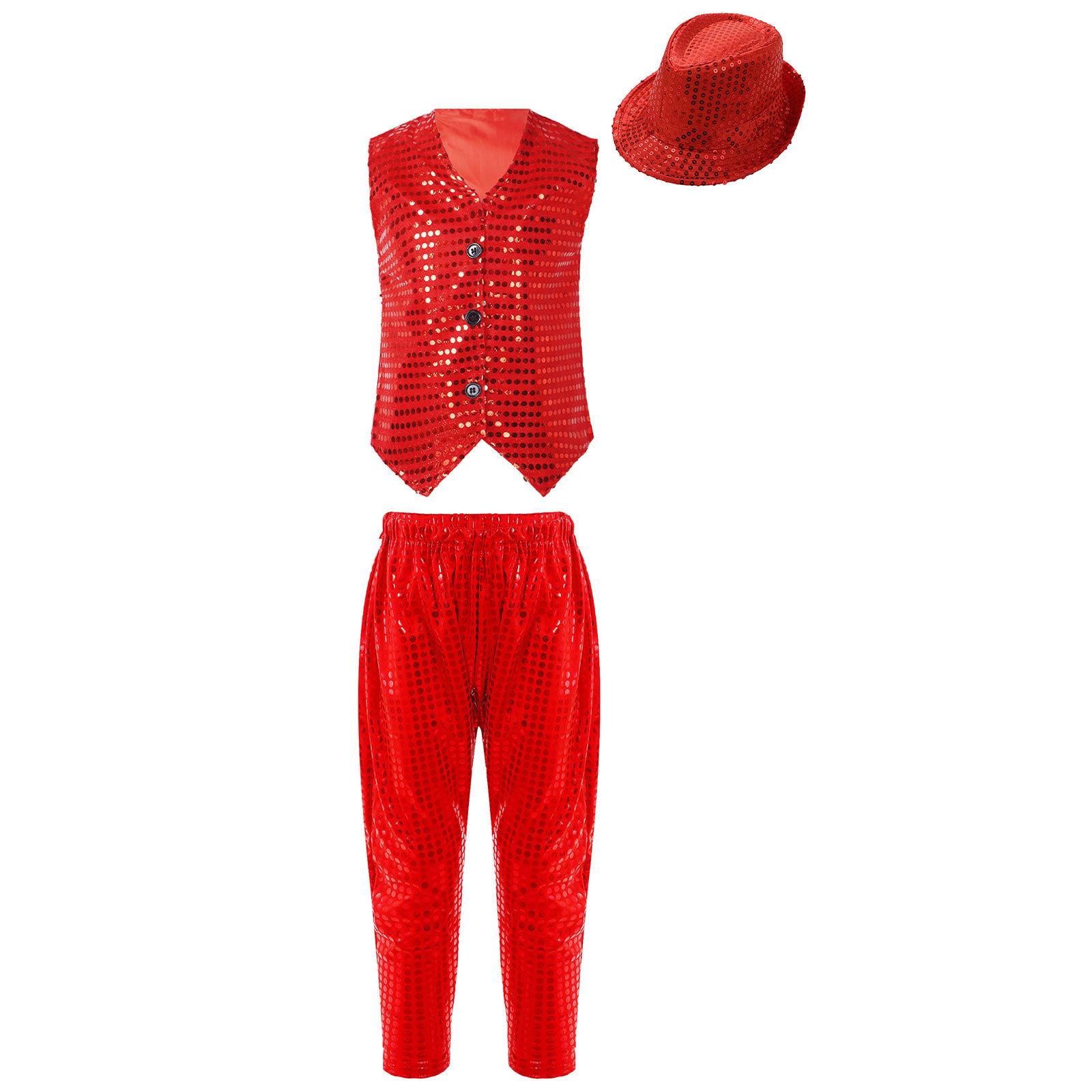 

Unisex Children Stage Costume Sequins Vest V Neck Button Front Jogger Pants Set with Matching Hat 5-6 Years червоний