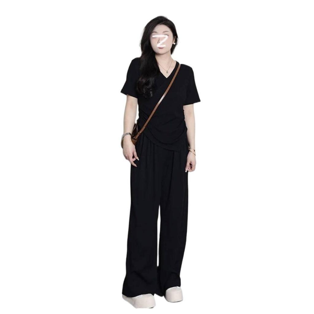 Plus Size Women's V-neck Irregular Short Sleeve Top and Wide Leg Pants - Summer Slimming Casual Set