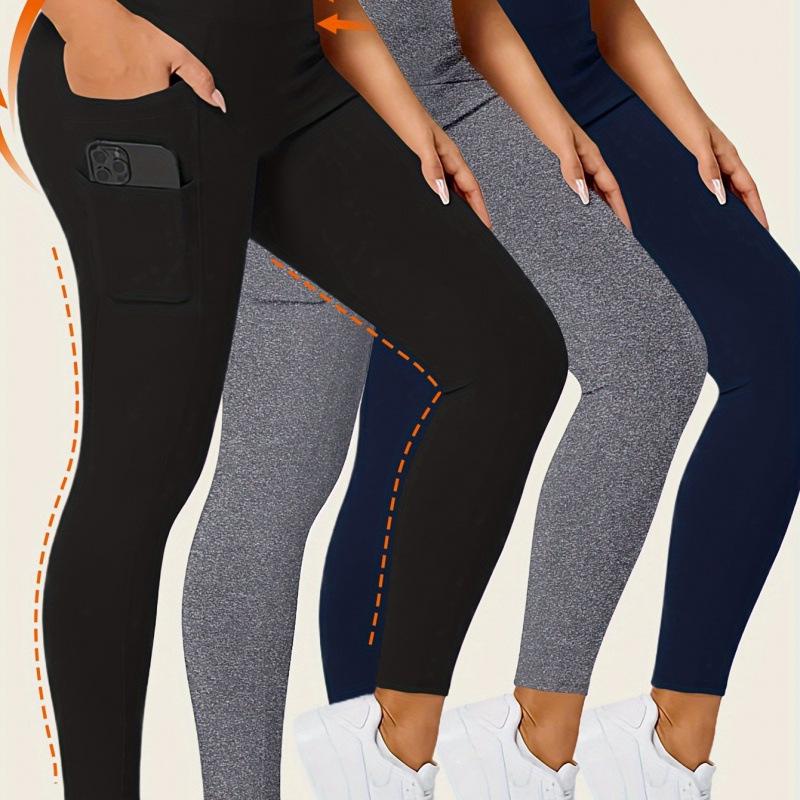 European & American 2025 High-Waisted 3-Piece Yoga Leggings with Pockets Medium (M)