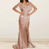 Yousheng Women Evening Dress Shimmering Sequin Sleeveless Bandeau Off Shoulder Slim Fit Floor Length Feather Decor High Slit Cocktail Party Wedding