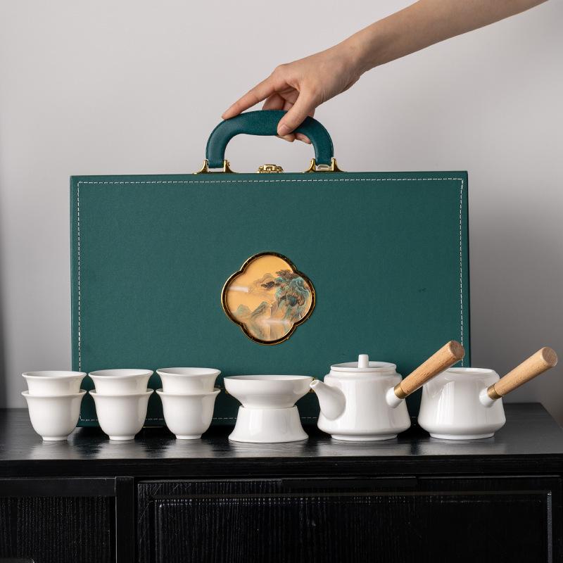 The Whole Set of Suet Jade White Porcelain Side Pot Set, a Full Set of Kung Fu Tea Set, Home Office Business Tea Set Gifts