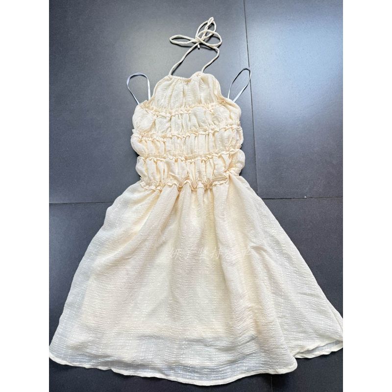 

Заказ на внешнюю торговлю Бежевый оранжево-красный с драпировкой на шее Без спины На шее Маленькая А-силуэта Расклешенная Облегающая талию Мини-юбка Off-white/light apricot skirt L