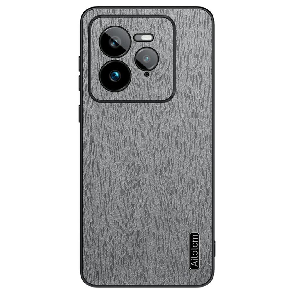 

For Realme GT 7 Pro 5G Case Wood Texture PU Leather Coated PC+TPU Phone Cover Grey