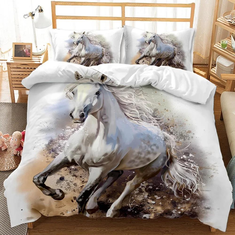 

White Horse Bedspread Cover Package KingQueenFull Size Steed Printed Design Decorative Comforter Cover Premium Microfiber Quilt Cover Luxury White EU Single 135x200cm