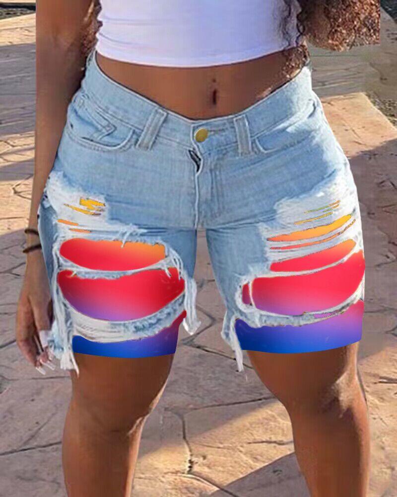 

Spring/Summer 2025 Women s Patchwork Denim Shorts: European & American Street Style, Ripped, Straight-Leg, Mid-Length. Extra Large