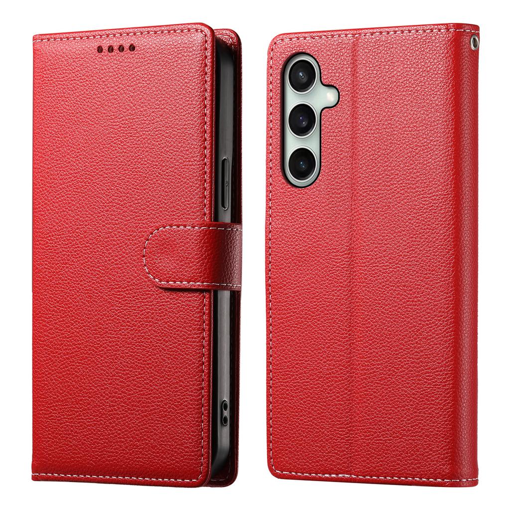 For Samsung Galaxy S25 FE Case Magnetic Snap Litchi Texture Leather Wallet Phone Cover with Wrist Strap