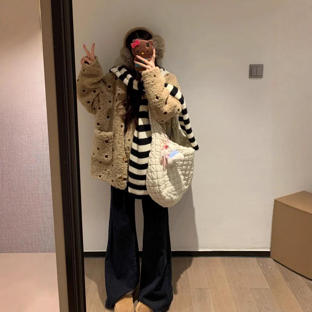 New polka dot milk tea lamb wool cardigan top loose lazy autumn and winter fur integrated coat women