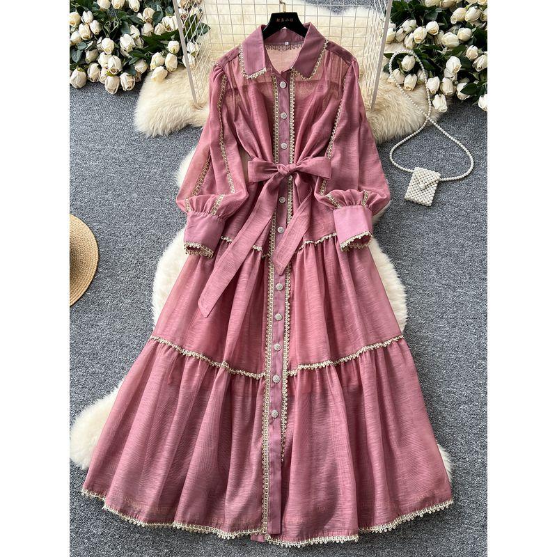 French style Retro Palace Style Lantern Sleeve Lace-up Waist Hugging Single-Breasted Dress Women Slimming Temperament Elegant Long Skirt