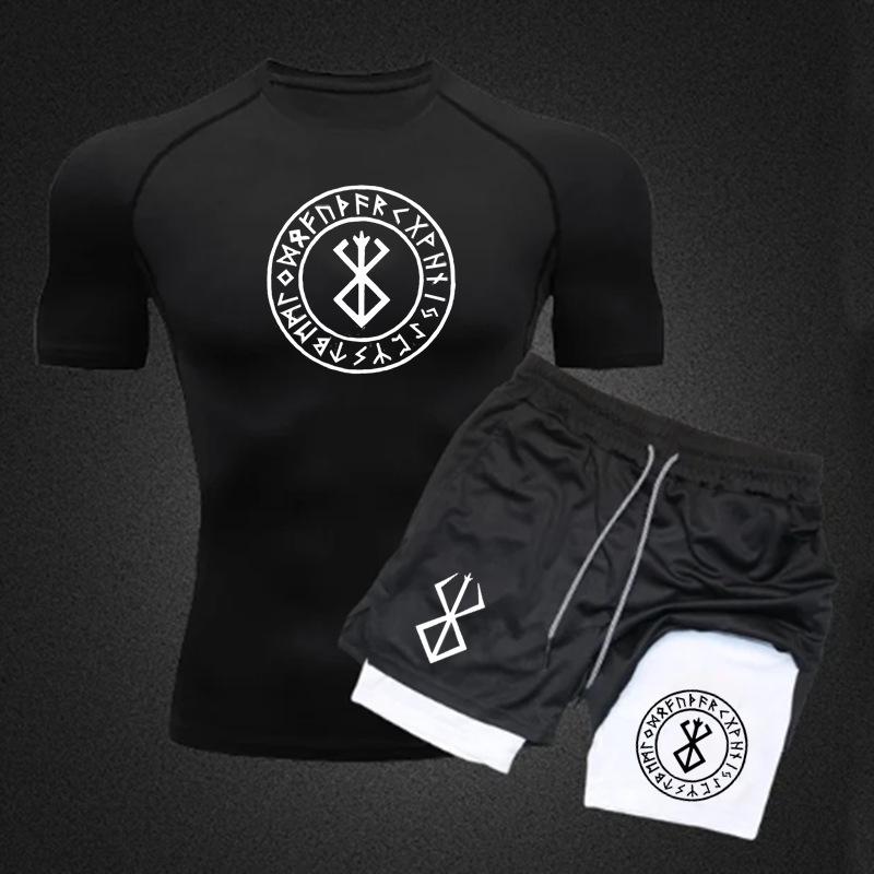 Men's Anime Double-Layer Quick-Dry Shorts & Tee Set for Outdoor Running & Fitness