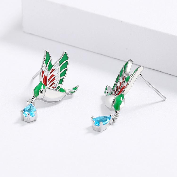 New Pastoral Color Plated White Gold Bird Enamel Earrings Water Drops Aquamarine Creative Retro Earrings