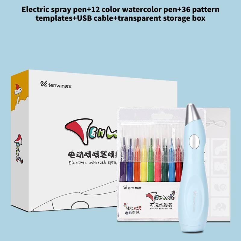 Paint Electric Spray Pen Airbrush Set Children 12 Felt Pens 19 Stencils Drawing