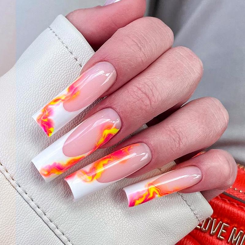 

Flame Ombre Long Tube Wearable False Nails - Removable French Tip Patches