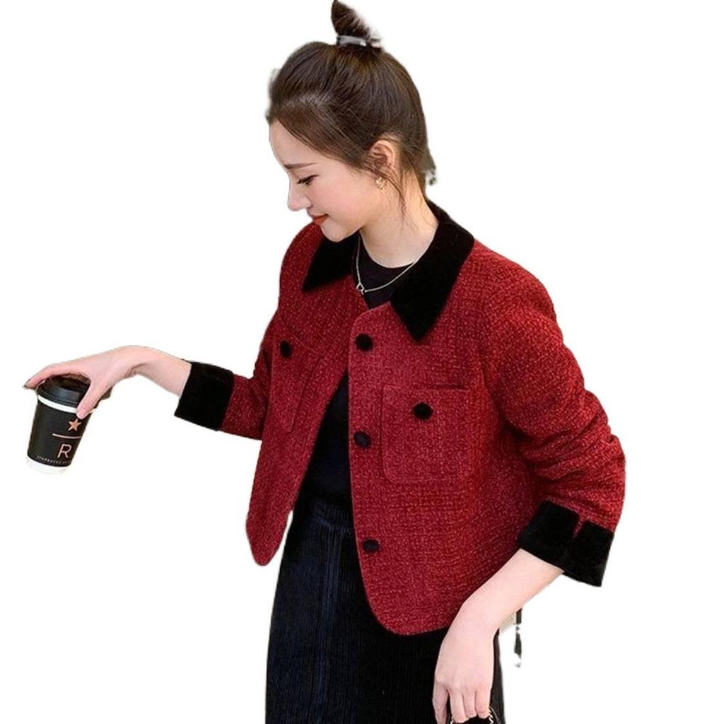 2025 Elegant Petite Red Wool Jacket - Felt French-Korean Style for Women