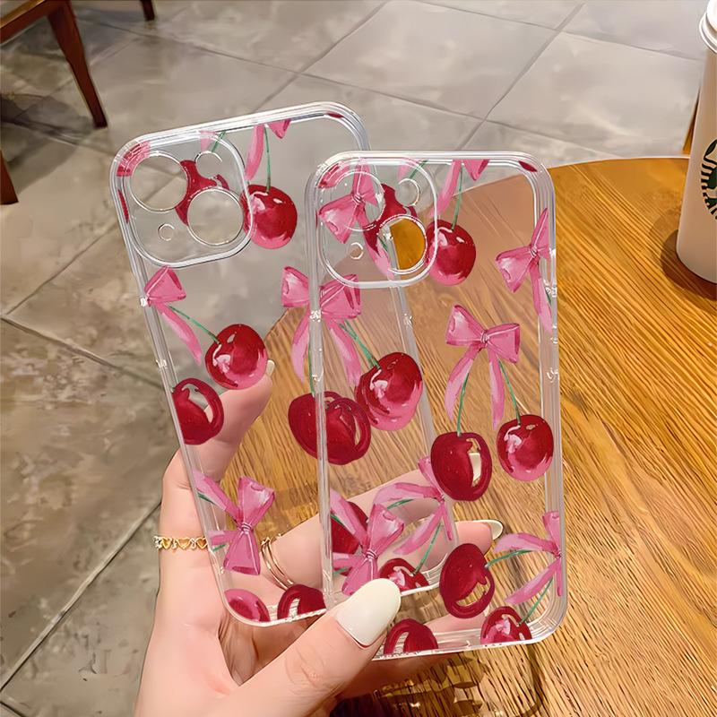 Simple cherry bow mobile phone case is suitable for iPhone16/15pro light and thin Apple 17 transparent soft case 14pm.