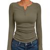 Women's Ribbed Henley Button Long Sleeve Cropped Slim Fit Casual Basic Tee Top