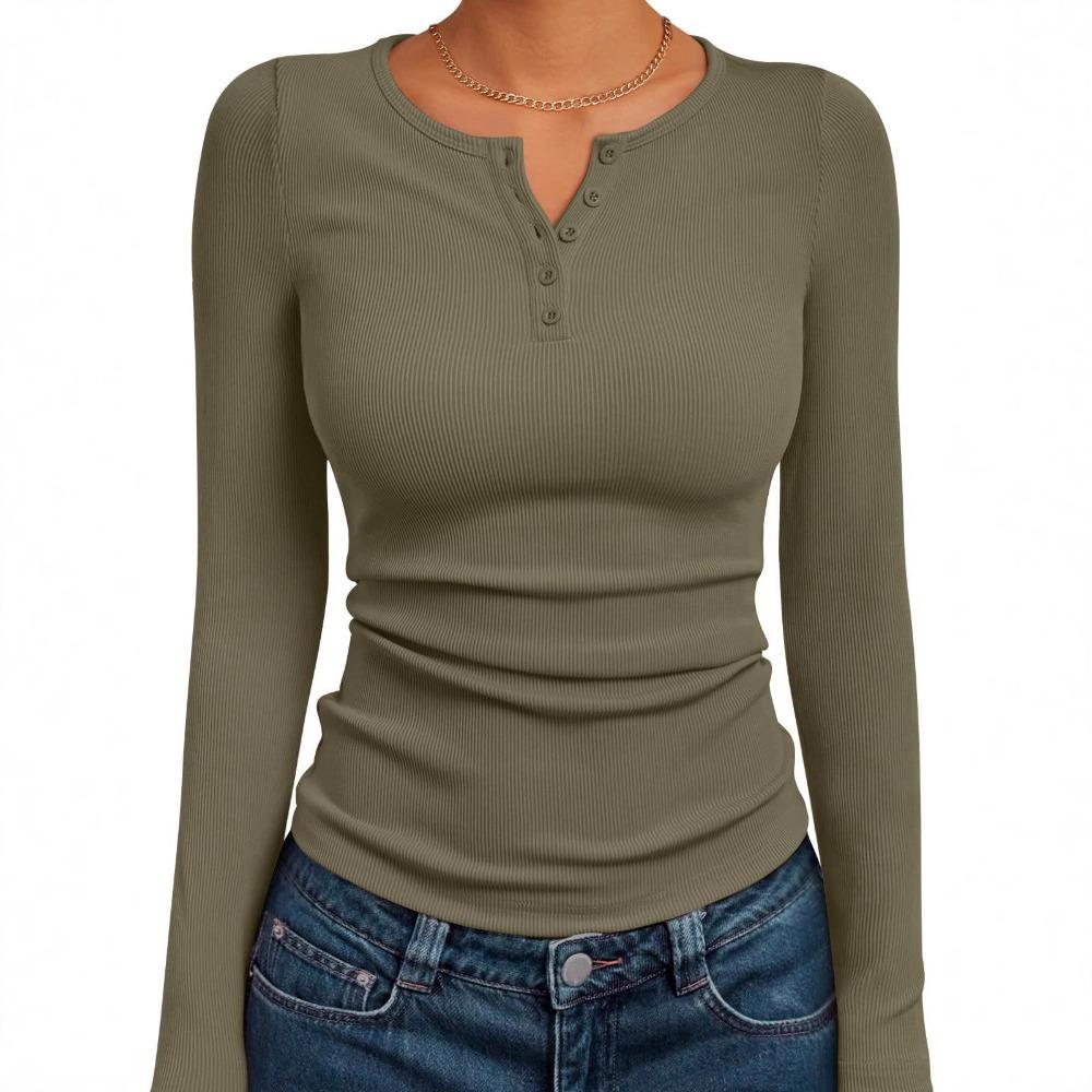 Women's Ribbed Henley Button Long Sleeve Cropped Slim Fit Casual Basic Tee Top