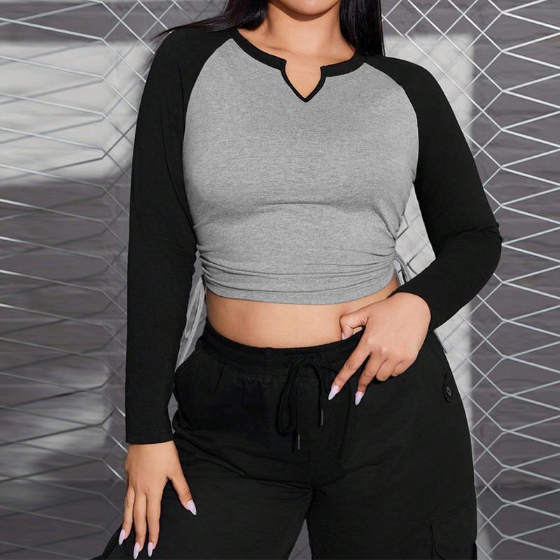 

Женская облегающая футболка с длинным рукавом. Удобный дышащий короткий топ. Стильная базовая футболка больших размеров. Пэчворк. Цветовой контрастный дизайн. 3XL серый