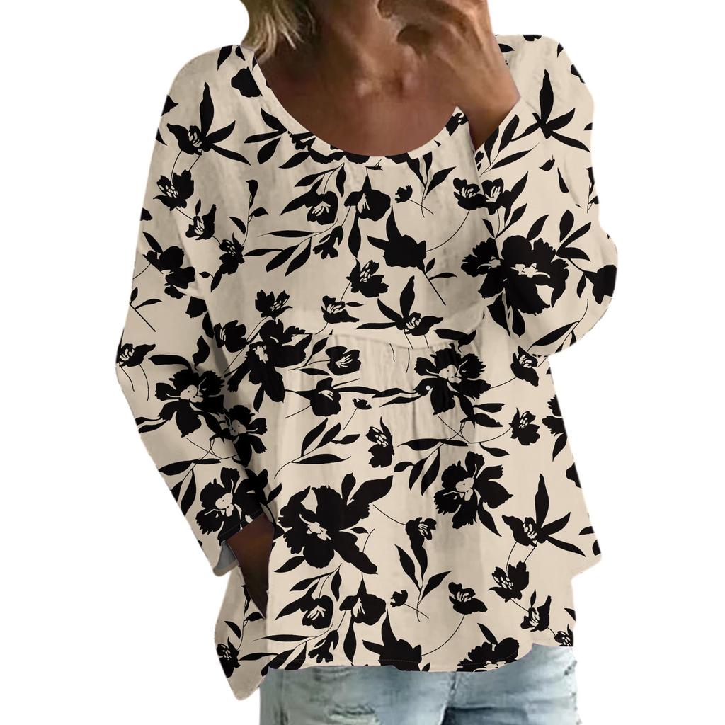 Damen Casual Mode Locker Rundhals Blumenmuster Langarm Oberteil