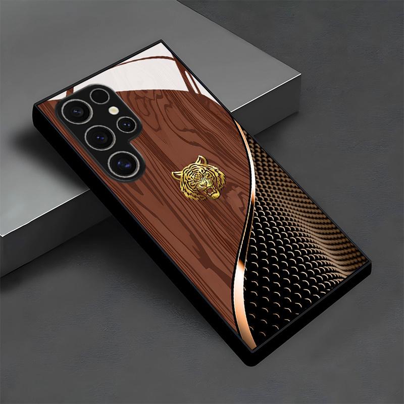 Golden Tiger Brown Wood Grain Pattern Glass Phone Case Suitable for Samsung GalaxyS26 S25 S24 S22 S21 S20FE/Ultra/Plus Anti Fall