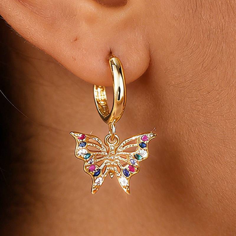 

Huitan Fancy Gold Color Women Drop Earrings Butterfly Shaped Inlaid Colorful Shiny CZ Trendy Accessories Zircon for Party Daily
