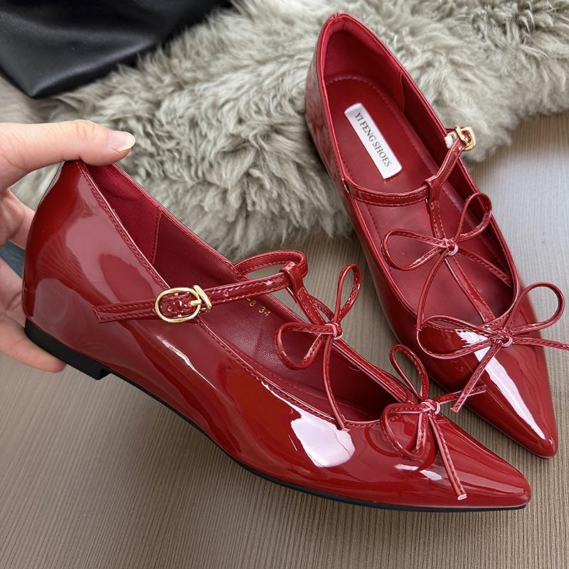 French-Style Insole Height-Increasing Single Women'S Pair, Bow Pointed-Toe Flat Shoes, Niche High-End And Elegant Evening Women'