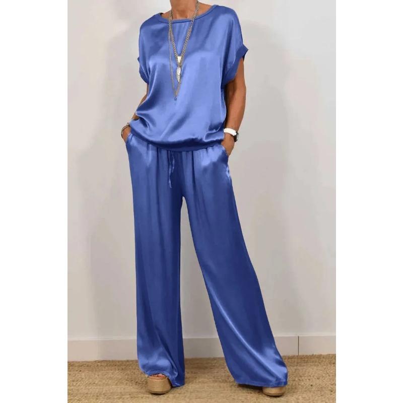 Womens Satin Two Piece Outfit Short Sleeve Top And Wide Leg Pants Set