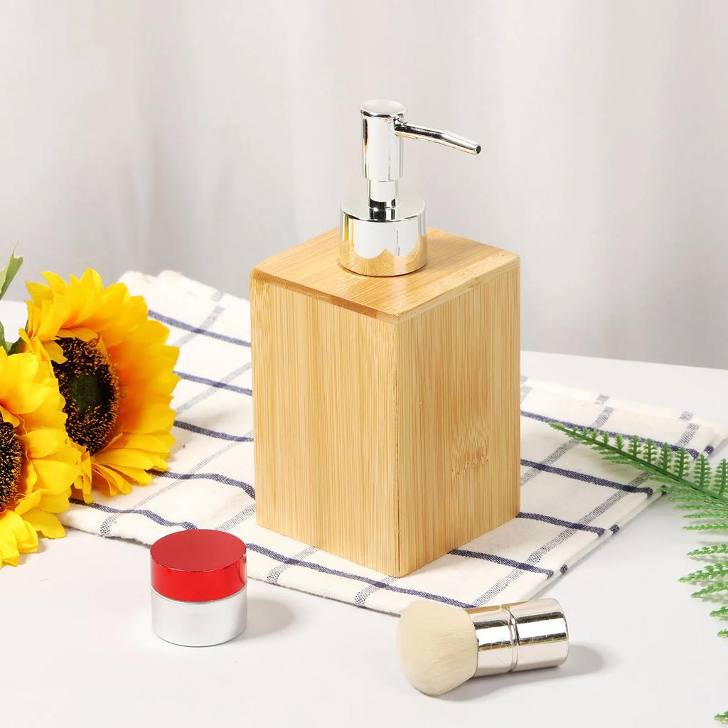 2Pcs Bamboo Soap Dispenser Refillable Pump Bottles Lotion Shampoo Liquid Hand Sanitizer Dispenser for Bathroom Kitchen