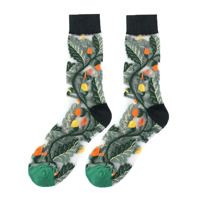 France Hipster Design Glass Silk Floral Bird Funny Socks Women Transparent Streetwear Art Sokken Jacquard Calcetines Divertidos