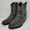 IPPEUM Rhinestone Boots Cowboy Women Black Ankle Design Chunky Heel Ponited Toe Size 43 New In Women's Western Boots