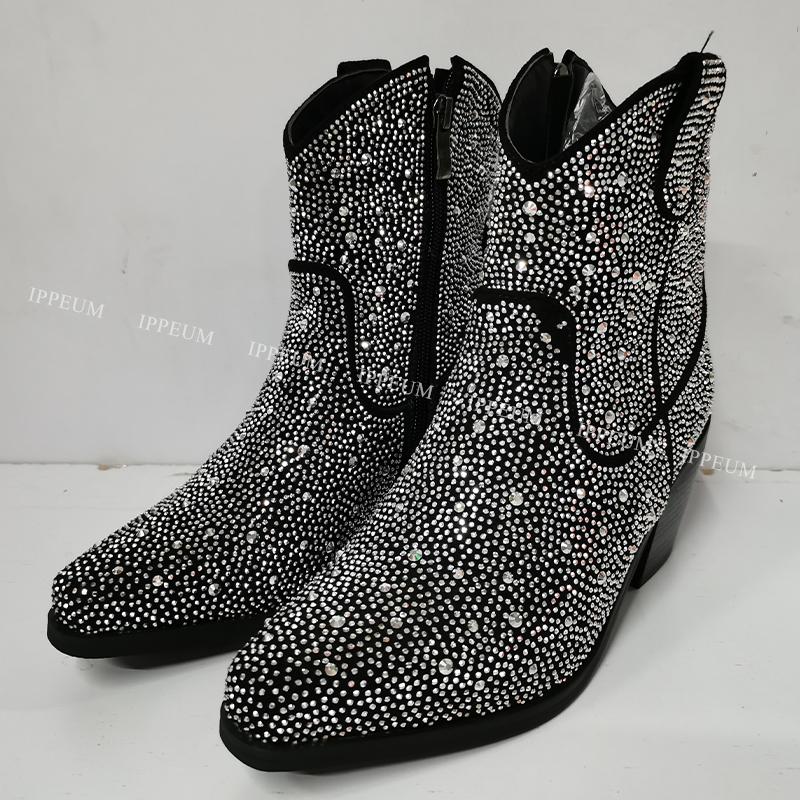 IPPEUM Rhinestone Boots Cowboy Women Black Ankle Design Chunky Heel Ponited Toe Size 43 New In Women's Western Boots