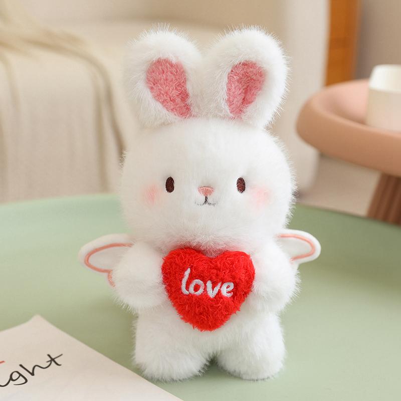 20Cm Angel Sweet Animal Plush Toy Stuffed Standing Brown Bear White Rabbit Holding Red Heart I Love You Valentine'S Day Gift