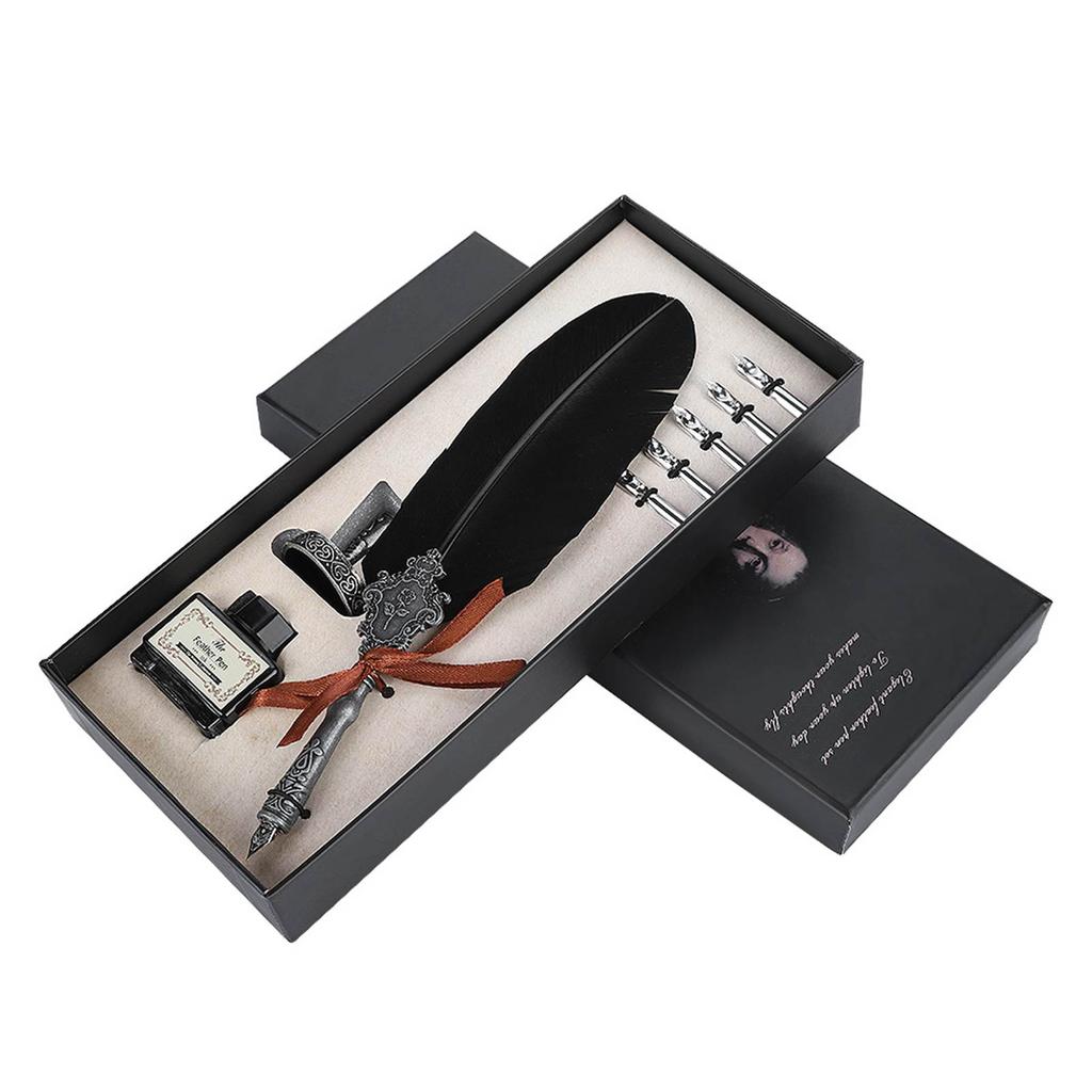 Retro Quill Alloy Feather Writing with Pen Nibs Gift Box Quill Set with Ink Bottle Black