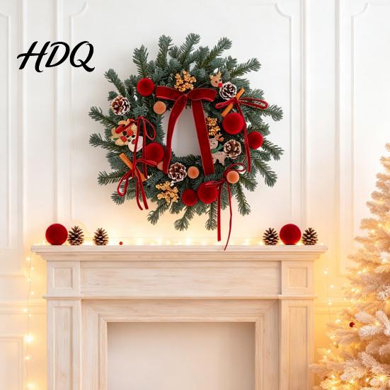 Natural Look Door Decoration Christmas Artificial Garland with Pinecones Cinnamon And Red Bows Decorative Wreath Hanging Rustic Pinecone Pendants for