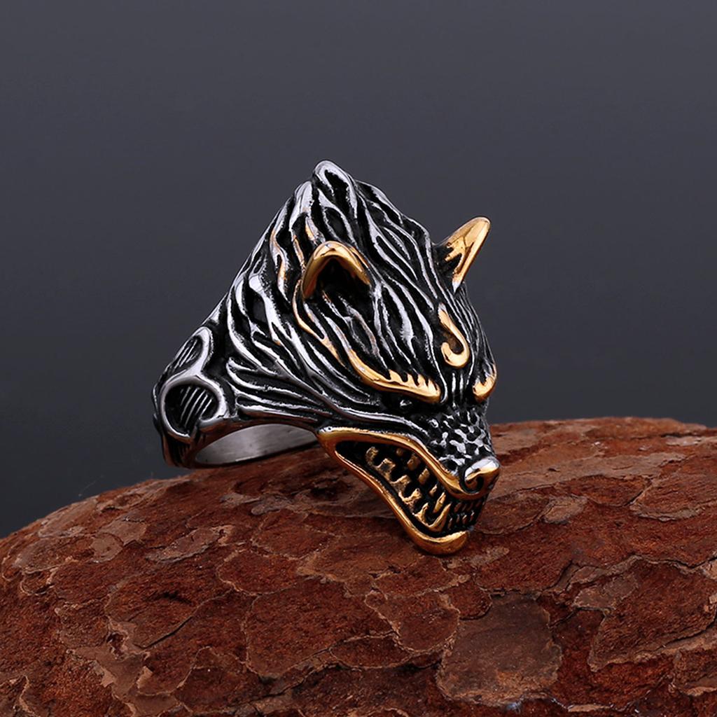 Stainless Steel Nordic Ice Wolf Ring for Men Viking Warrior Rune Jewelry Mythical Animal Gift