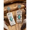 1 Pair Western Style Carved Inlaid Rhombus Artificial Turquoise Rectangular Pendant Earrings, Women's Vintage Jewelry