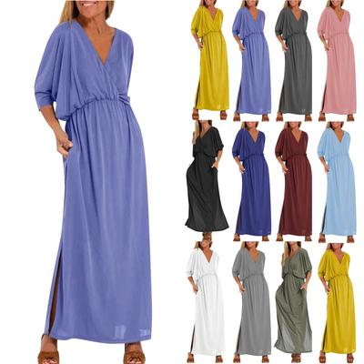 Women's Fashion Loose Solid Color High Waist Split V-neck Dress